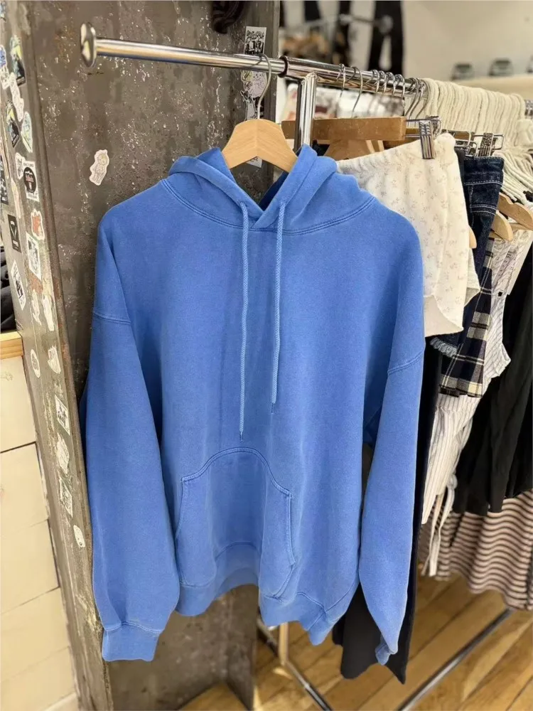 الكهربائية الأزرق فضفاض بلوزات المرأة الخريف نمط Preppy الدافئة القطن بلوزة كاجوال قمة الموضة شيك المعتاد Y2K هوديس جديد