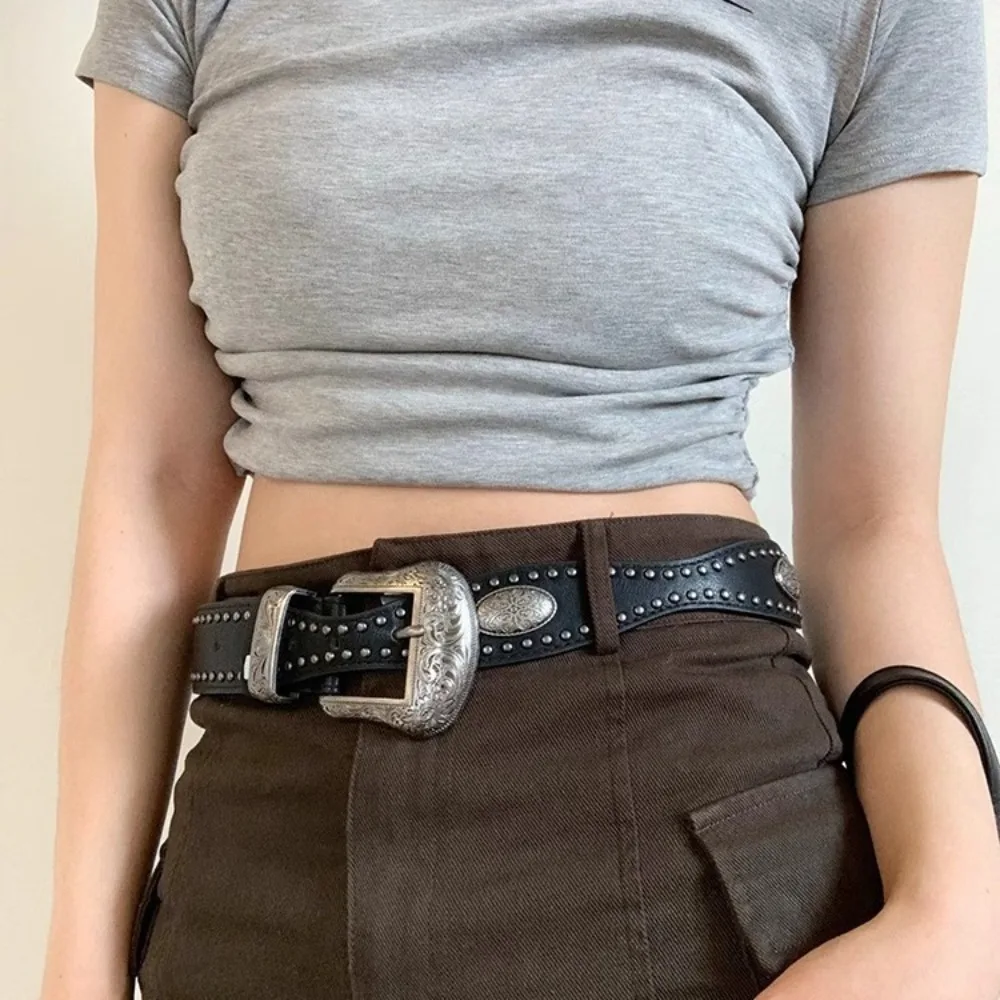 

Strap Buckle Cool Black Rivet Belt American Style Wide PU Vintage Waistband Hip-hop Punk Coffee Y2K Belt Waist Seal