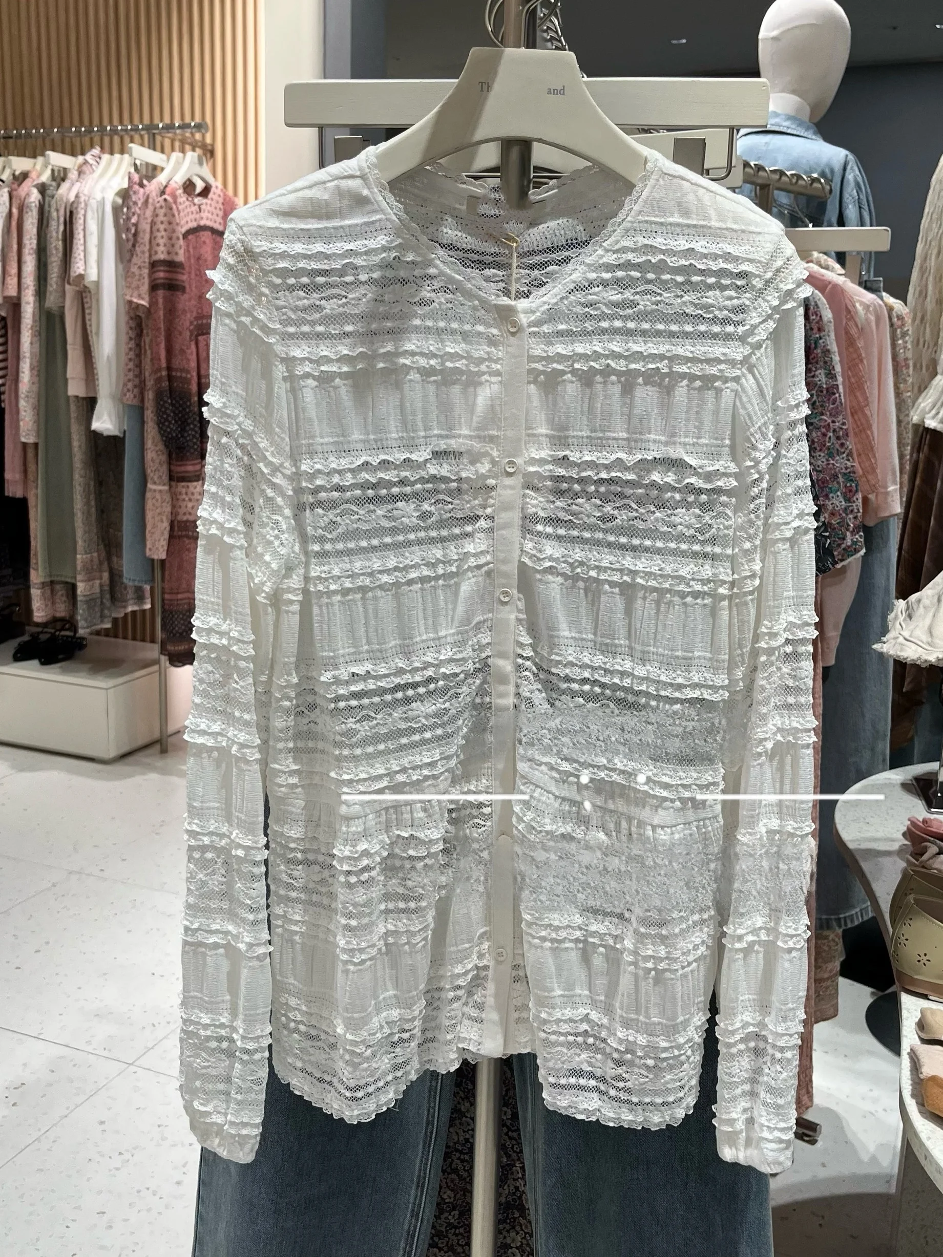 

Heavy Embroidery Lace Trim Layered Long Sleeve Shirt Rose Island 25 Autumn Women's Comfortable Breathable Cotton Casual Top