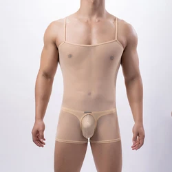 Combinaison en maille pour hommes, sans manches, entrejambe ouvert, body extensible, sous-vêtements Sexy, culotte de Leotard, Lingerie pour hommes, sous-vêtements