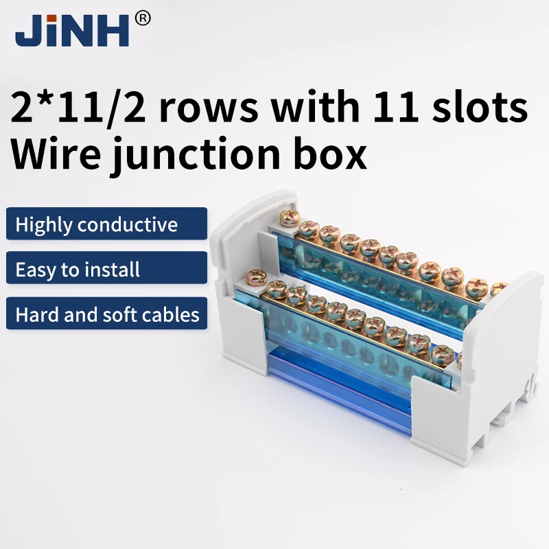 JINH JH8 Din Rail Terminal Block 207/211/215/407/411/415/2X7/4X7 Bar Distribution Block Screw Electric Wire Power Junction Box