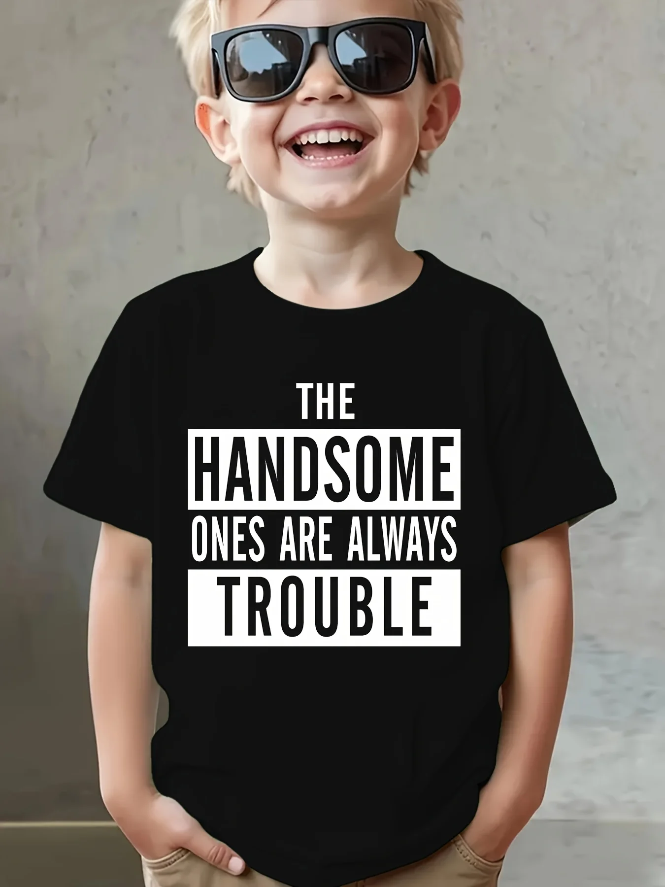 Boys Summer Short Sleeve T‑Shirt, The Handsome Ones Are Always Trouble Letter Print Crew Neck Casual Top
