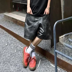 Shorts Mens PU Leather Urban Hip-hop Streetwear Casual Fit Trendy Summer Fashion Wide-leg Bottoms Style Cool Oversize Men Shorts