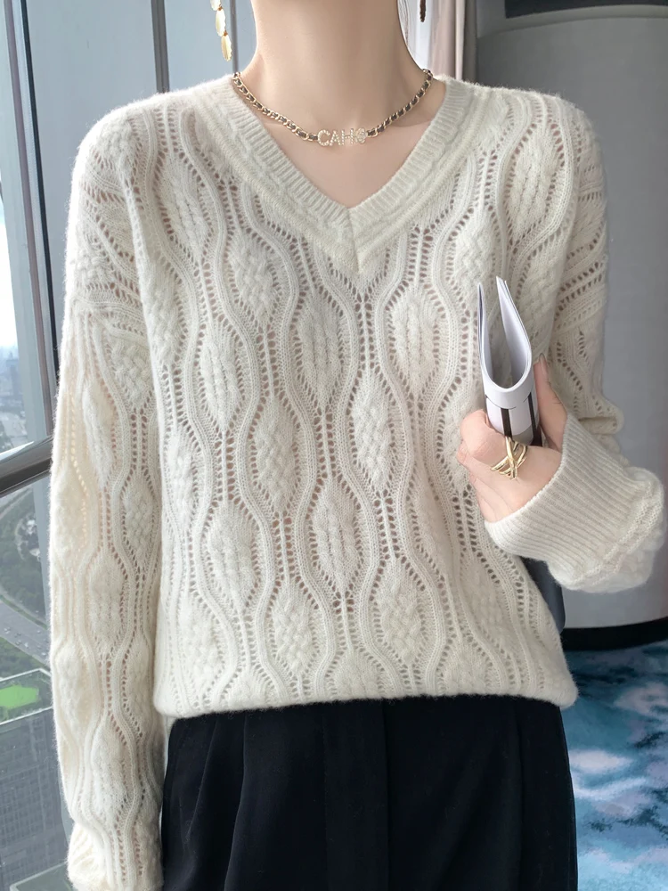 ADDONEE wanita Hollow V-neck Pullover Sweater musim gugur musim dingin Simper gaya 100% Merino wol rajutan Grace kasual longgar pakaian