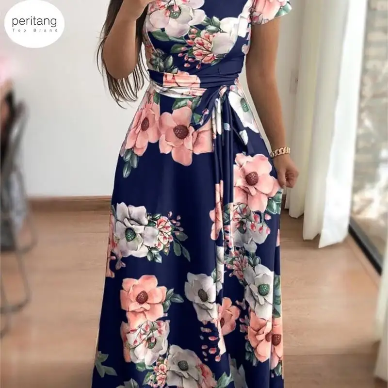 Women Autumn Dress Casual Long Sleeve Long Dress Boho Floral Print Maxi Dress Turtleneck Bandage Elegant Dresses Vestidos Female