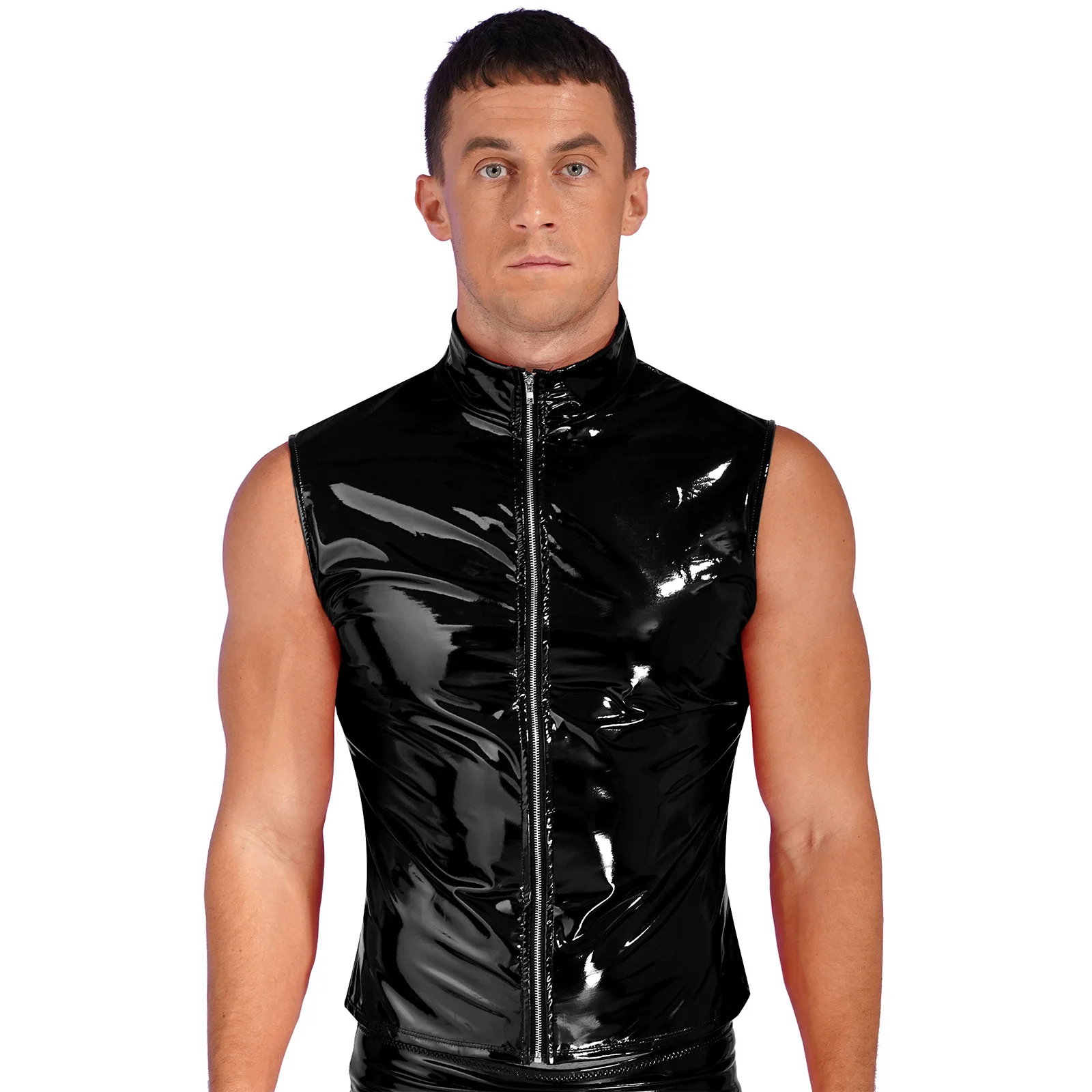 Mens Fashion Zipper Sleeveless Jacket Crop Top Patent Leather Stand Collar Vest Tops Wet Look Festival Rave Party Punk Clubwear