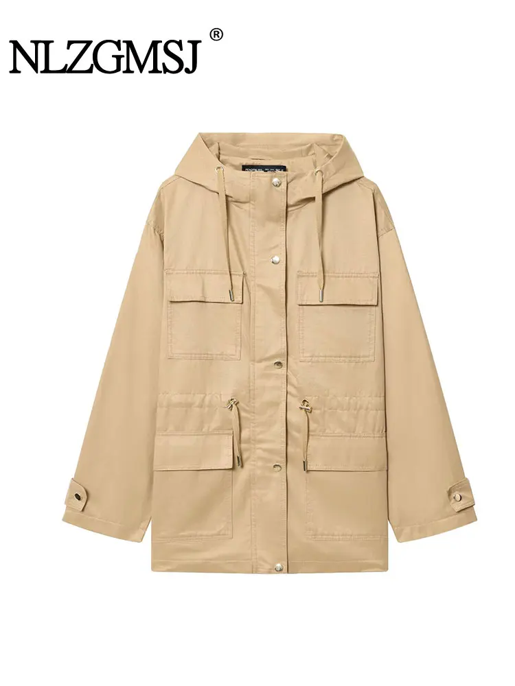 

NLZGMSJ винтажные повседневные шикарные женские куртки с капюшоном, однотонные свободные длинные пальто с карманами на молнии, новая мода, осенняя верхняя одежда 2025 г.