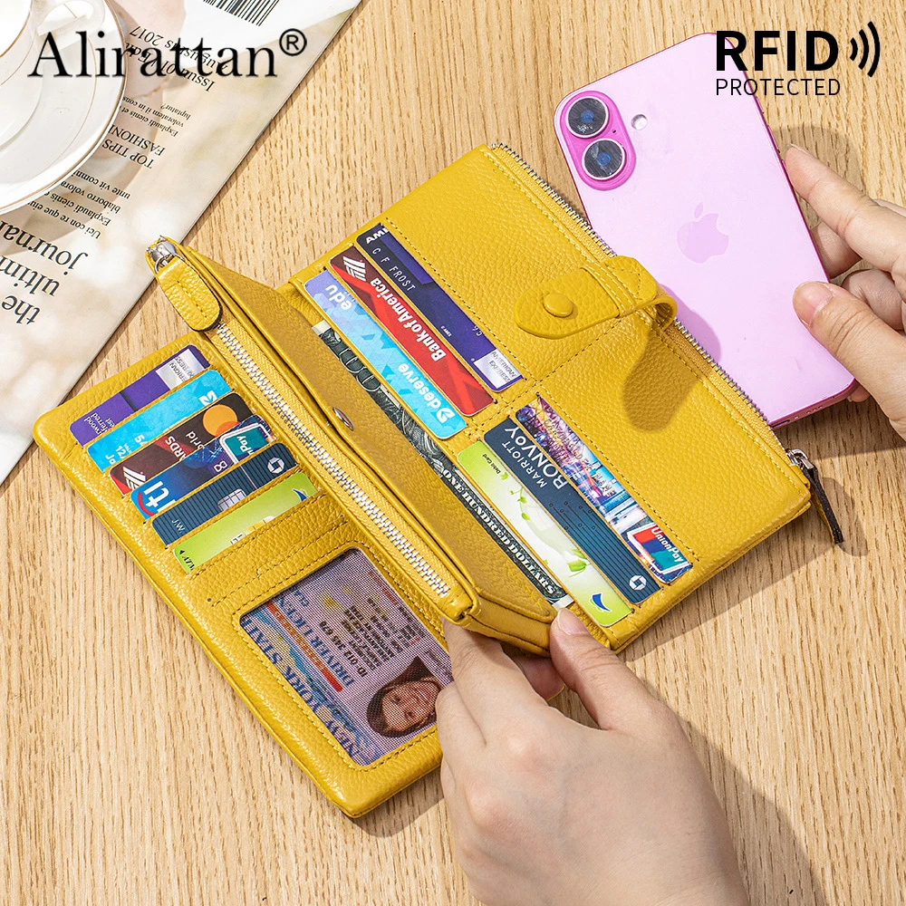 Alirattan 2025 New Leather Long Clutch Soft Leather Multifunctional RFID Wallet Large Capacity Bag Multi Card Slot Card Bag