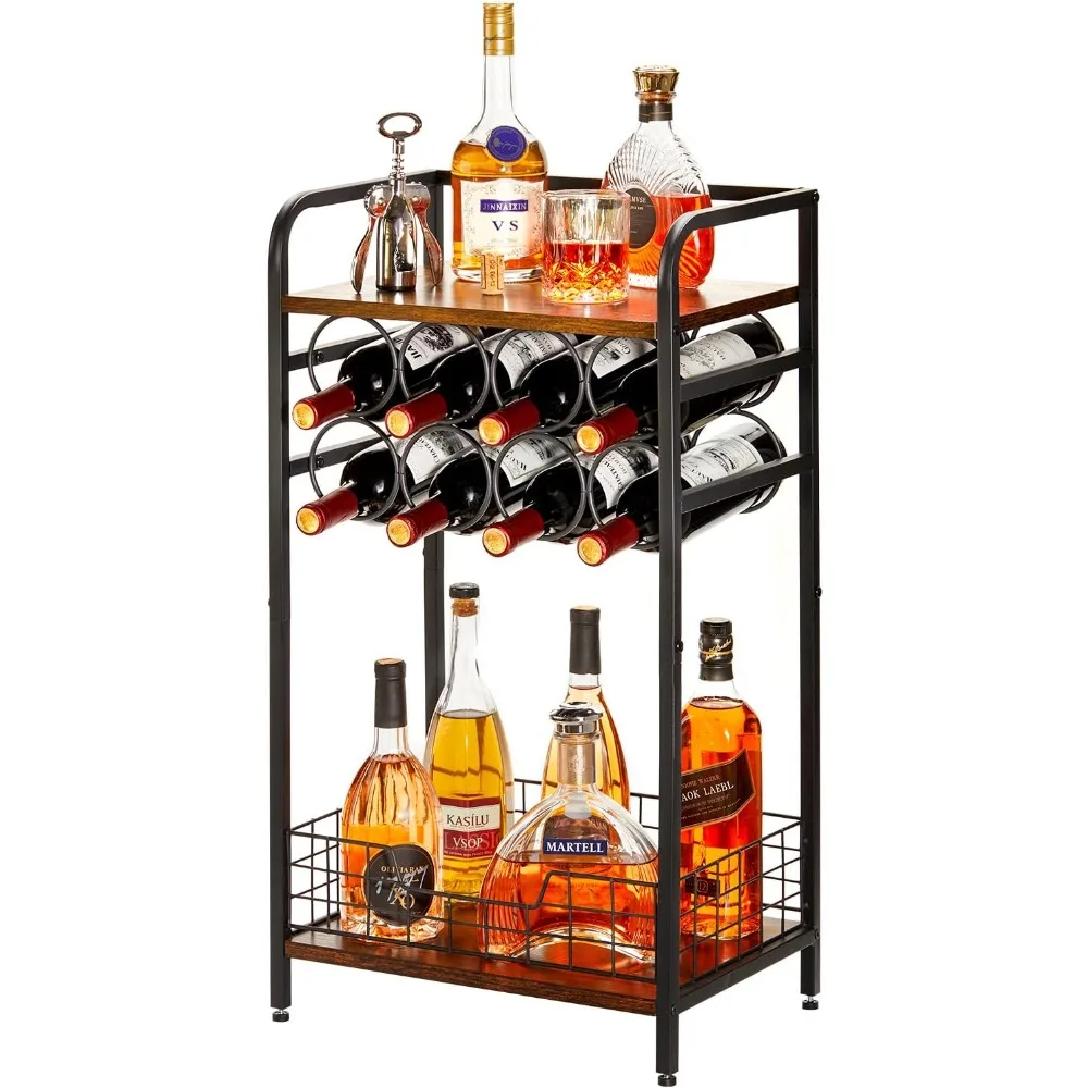 3-Tier Wine Bar Table:Small Liquor Bottle Holder 8-Bottle Wine Rack Mini  Cabinet Corner Whiskey Display Shelf Floor Liquor