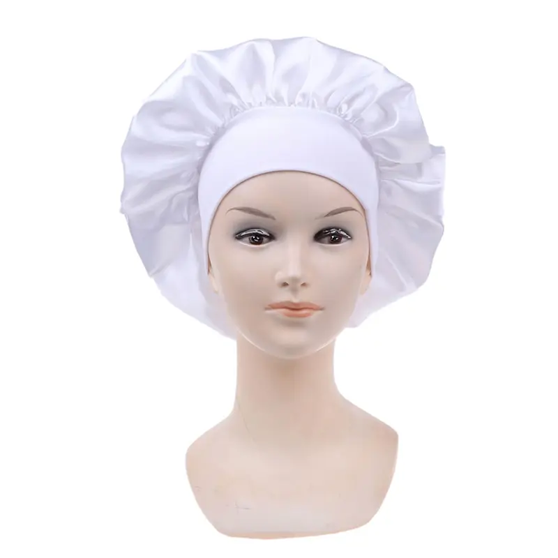 58cm Long Hair Care Women Satin Bonnet Cap Night Sleep Hat Silk Head Wrap Adjust Shower Caps Knitted Cap Solid Color