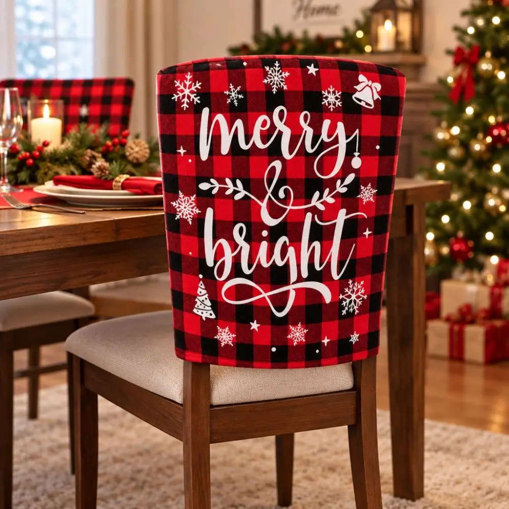 6PCS Buffalo Plaid Christmas Chair Back Cover Rustic Style Removable Dining Chair Cover Mixed Patterns Double Side Print