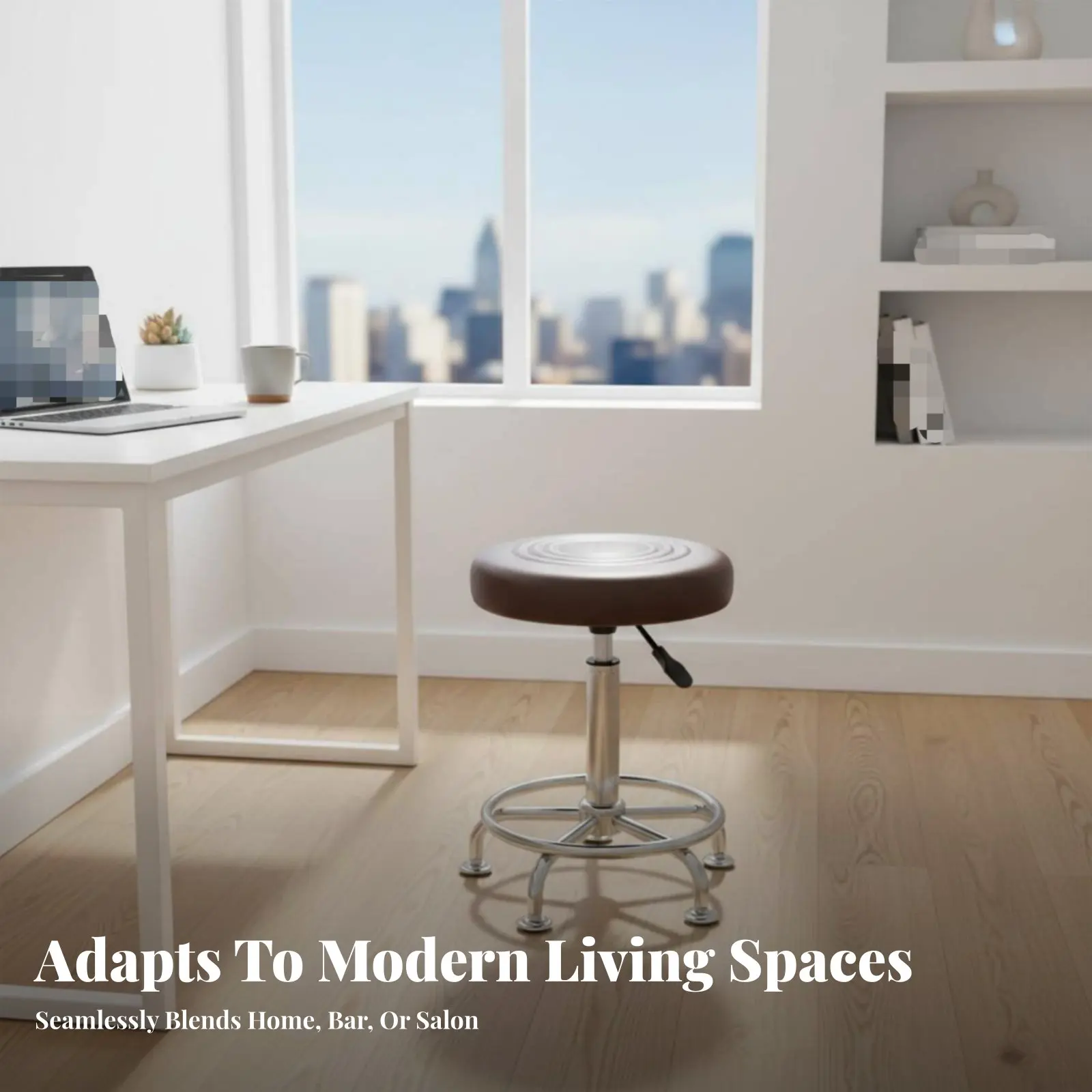 調節可能なパッド入り回転スツール（ホイール付き）-調節可能なホイール付きスツール-長時間使用可能-シルバー仕上げ-滑り止めデザイン