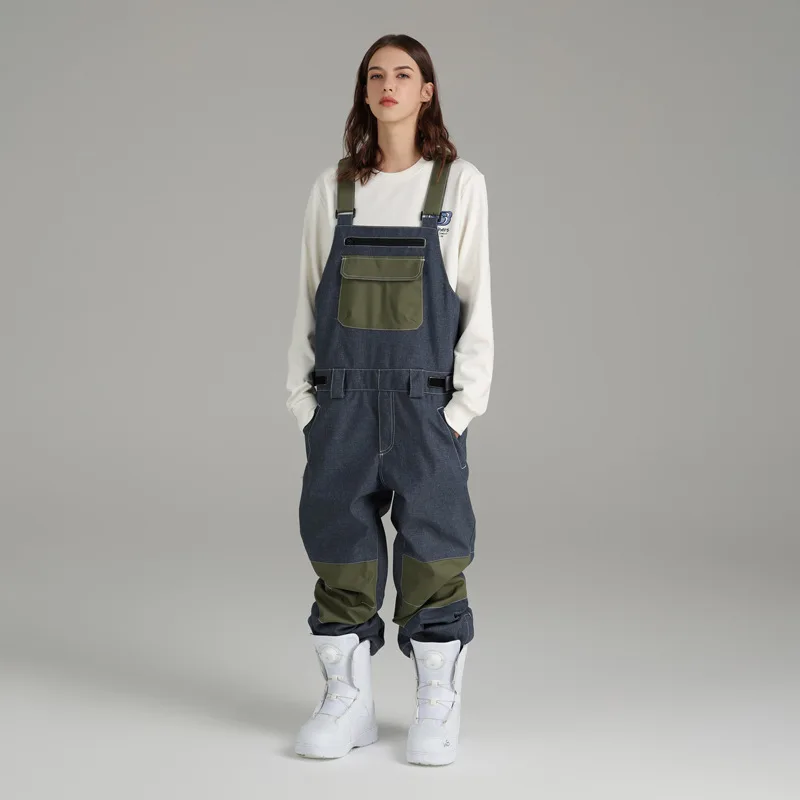 Thick Men Women denim Ski Pants  Overalls Jumpsuit Skiing Bib Waterproof Winter Warm Windproof Outdoor Sports Snowboard