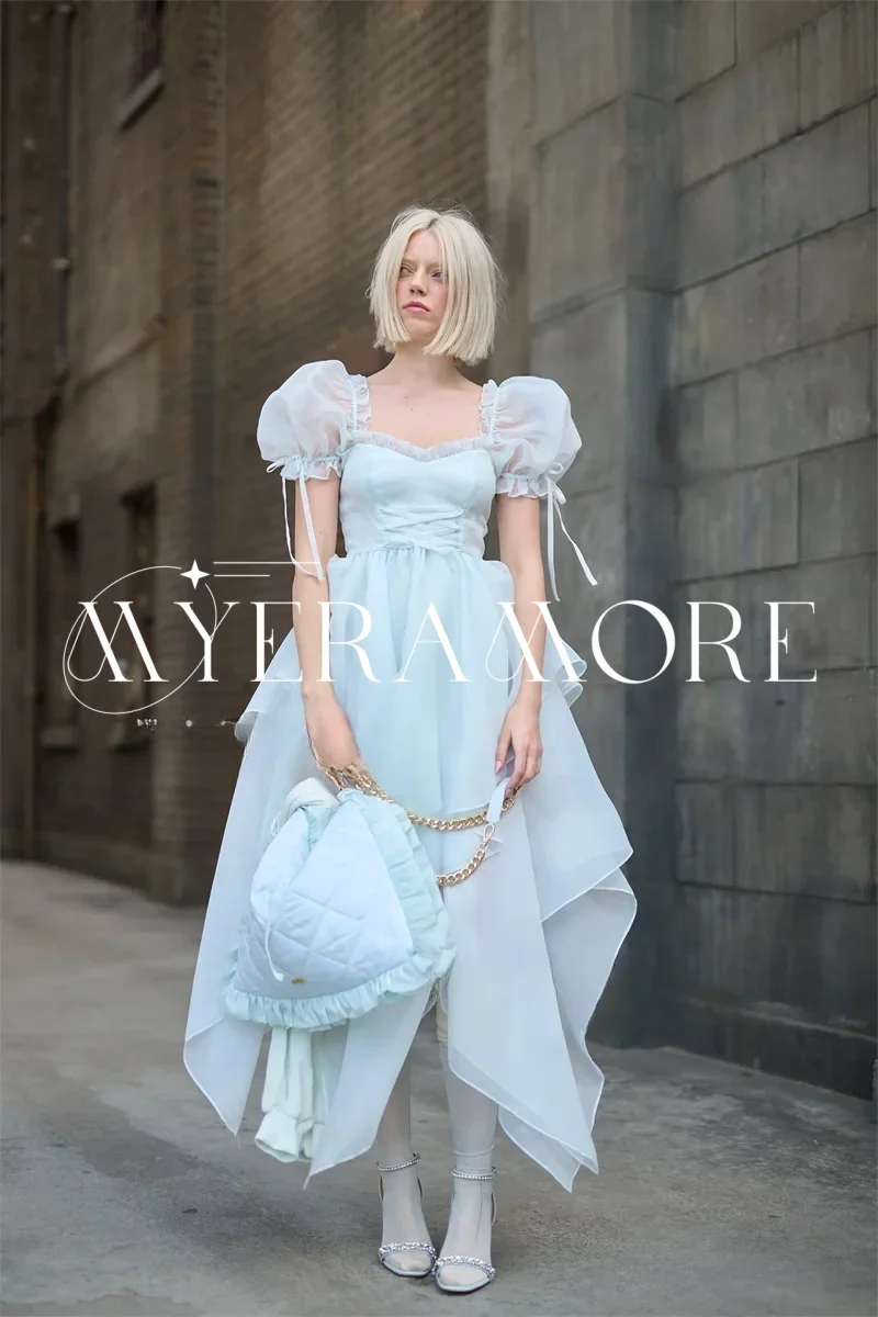 

Fashion Tulle Prom Dresses Puff Sleeves Ruffle Cocktail Dresses Square Collar A Line Party Gown Customized فساتين سهرة