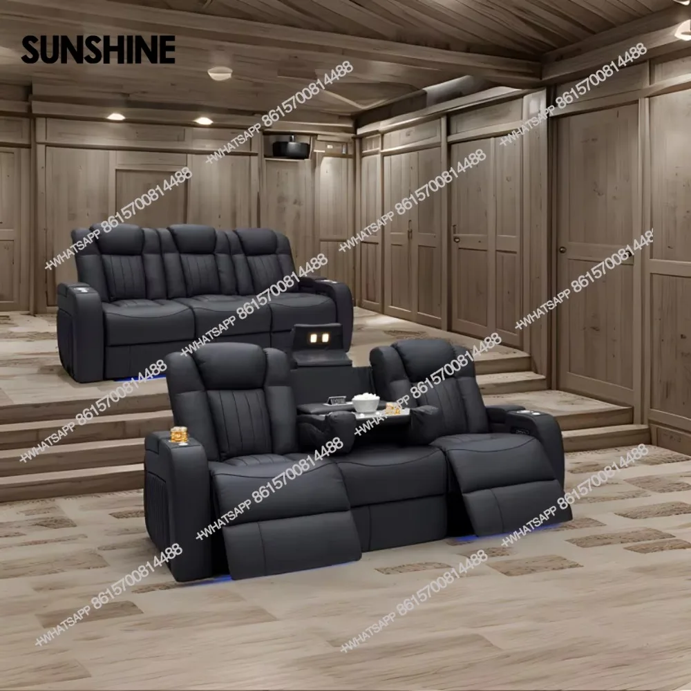 Genuine Leather Home Theater Recliner Sofa | Electric Power Reclining Cinema Seating with Cup Holder & Storage Console