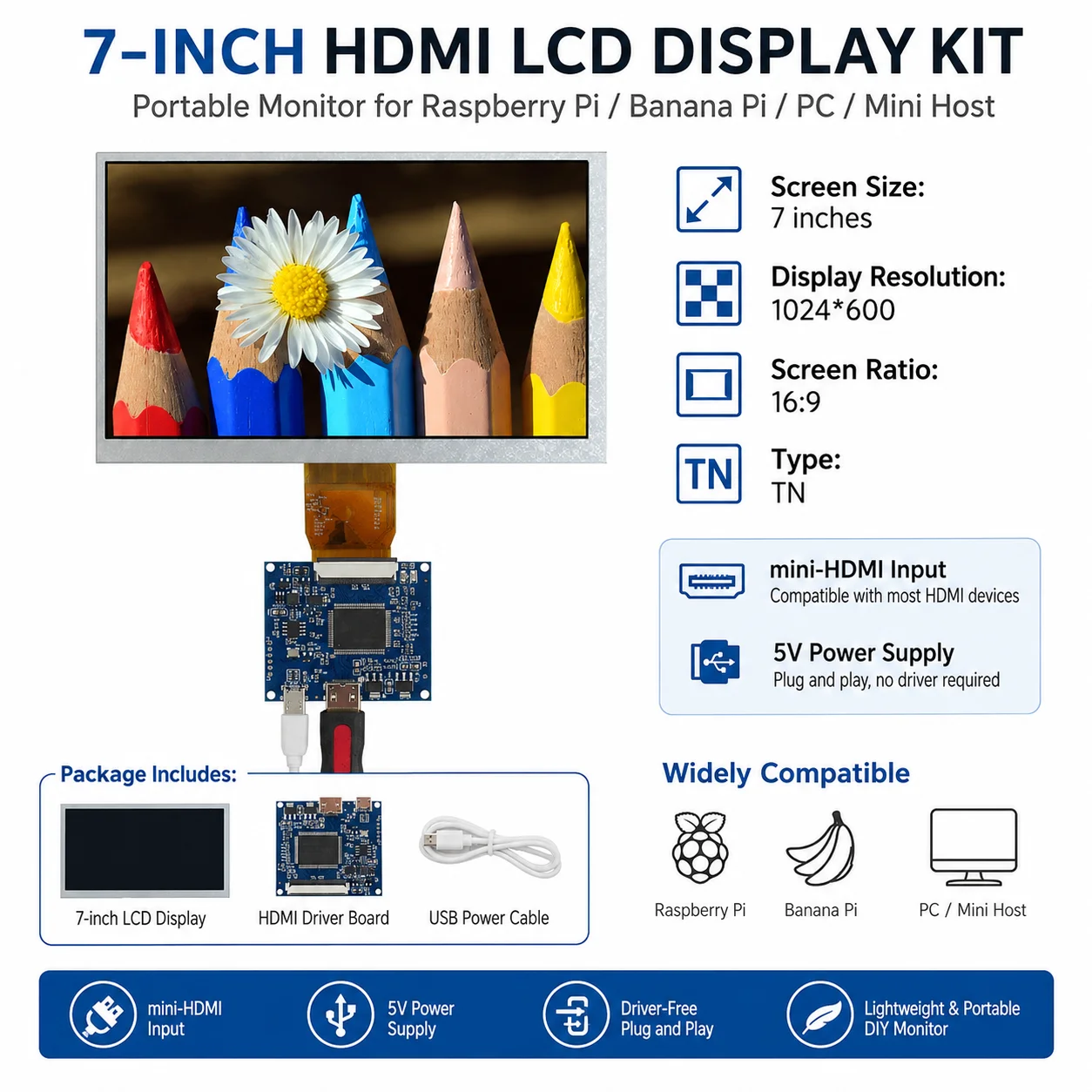 

7-inch 1024*600 screen LCD display mini HDMI-compatible driver control board,universal multipurpose display module Raspberry Pi