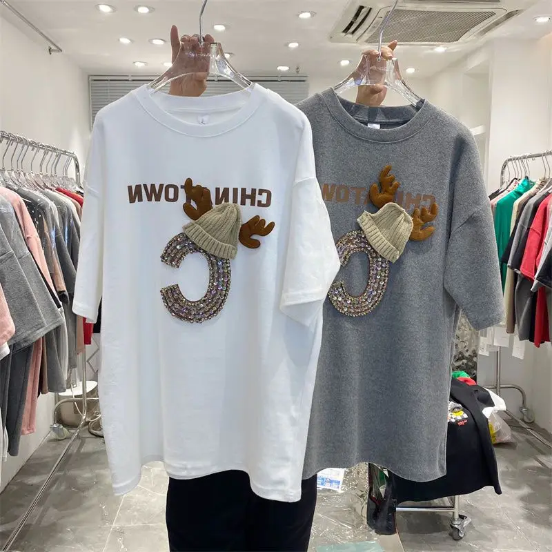 Summer Fashion Loose Letter O-neck short Sleeve T-Shirt 2024 New Women All-match trend Bright Line Decoration pullover top tee