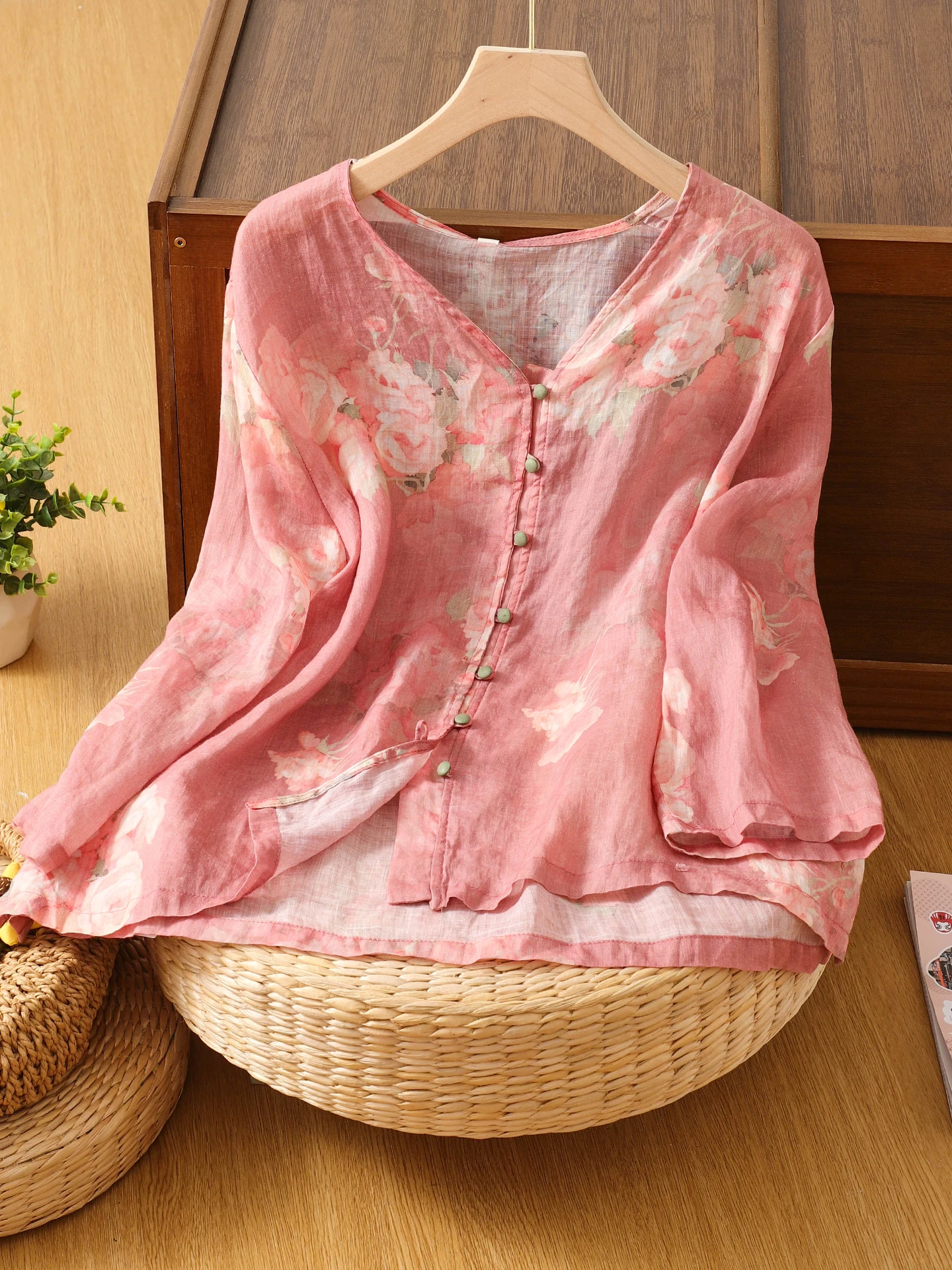 Rétro imprimé coton lin irt femmes été nouveau chinois Zen Sle Cool Sensation sept Sve lin thé Costume haut