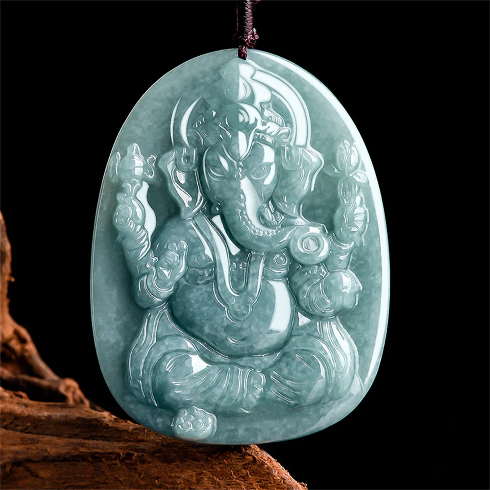 Trendy Natural Green Jadeite Carved Elephant Nose Wealth God Lucky Pendant Amulet Necklace Certificate Luxury Jade Gift Jewelry