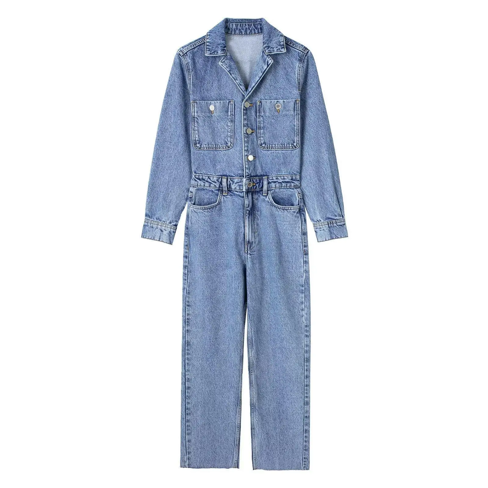 Jumpsuit Denim satu potong untuk wanita, jumpsuit wanita Lengan penuh kerah lipat Slim Fit pinggang ketat kaki lebar celana panjang overall kasual