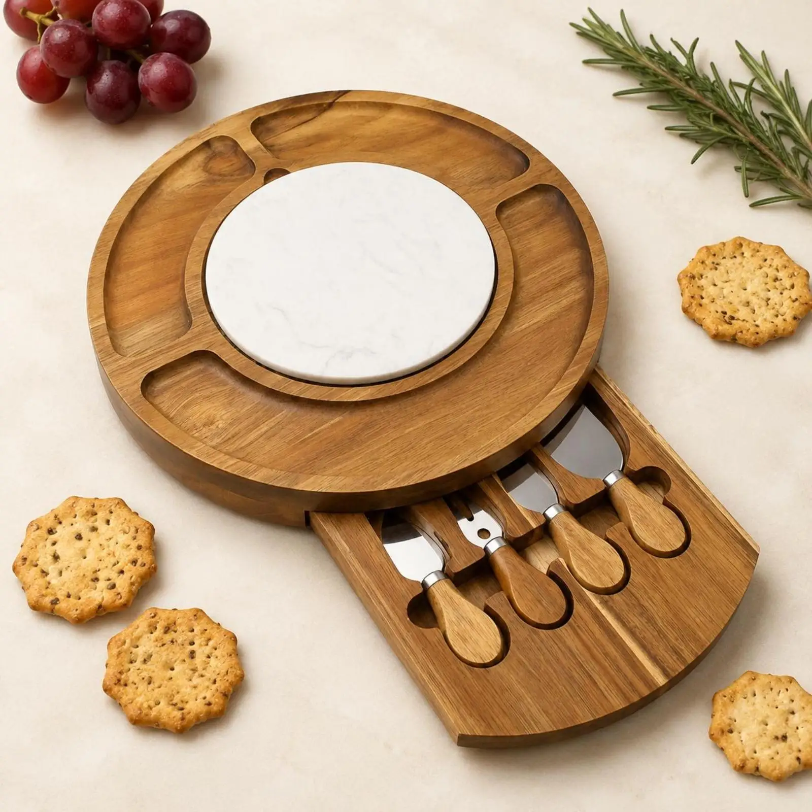 Tool Storage Cheese Board Pull-out Drawer Marble Cheese Board Set Recessed Serving Sections