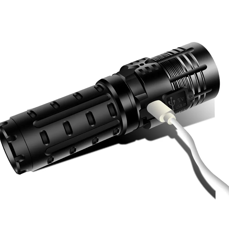 Ostre światło moda Latarka czarny przenośna Latarka Usb Camping polowanie Latarka Led Latarka Led Mocna