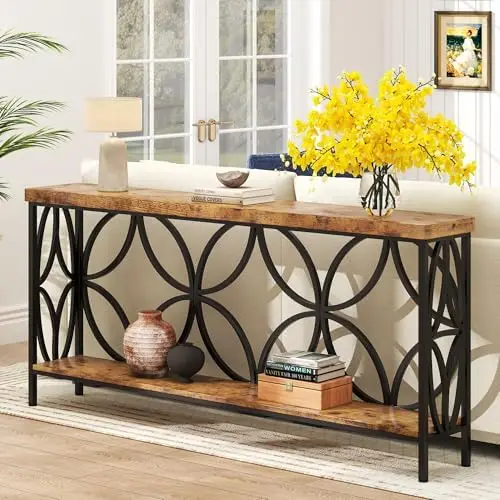 70.9 inch Extra Long Sofa Table, Industrial Console Table Behind Couch with 2 Tier Storage Shelf, Entryway Console