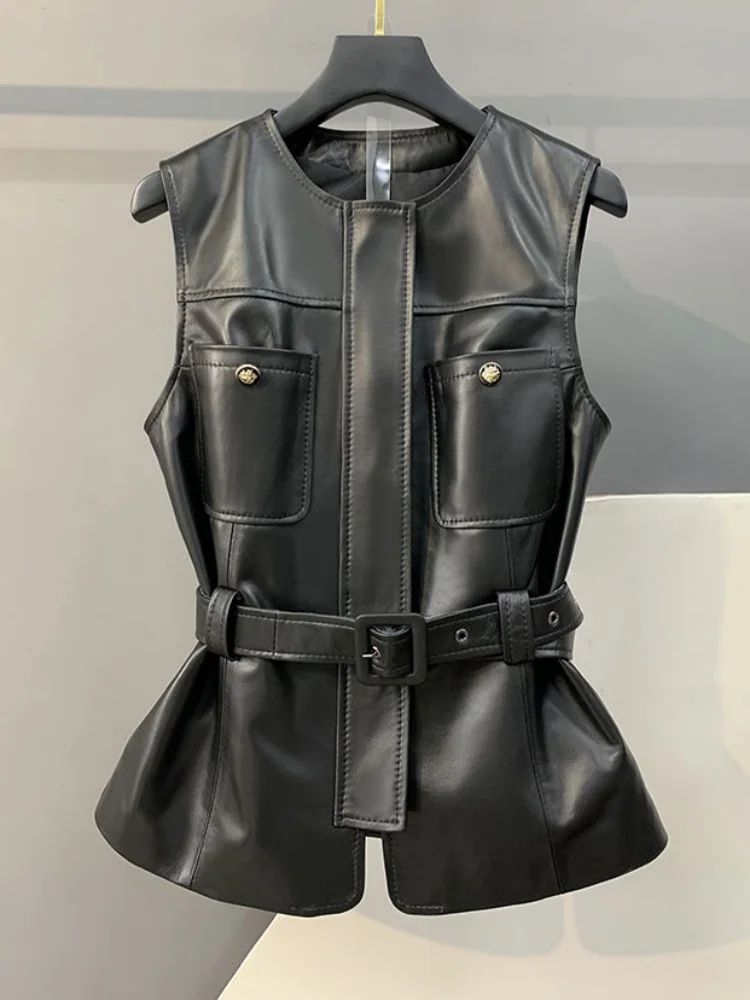 British Temperament Women Vest Coat PU Leather Black Jackets Moto Biker Sleeveless V-Neck with Pockets Vest Female Casual Korean