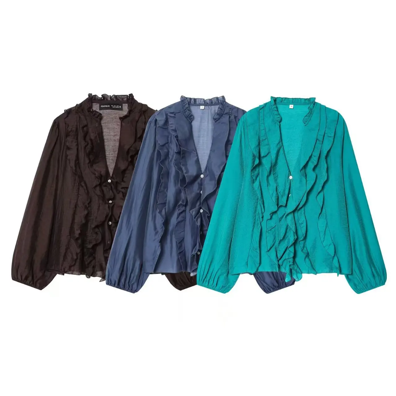 

Casual Fashion Women's Shirt Fall Sweet Layered Decorative Versatile Long-Sleeve Top Solid Color V-Neck Commuter Chiffon Blouse