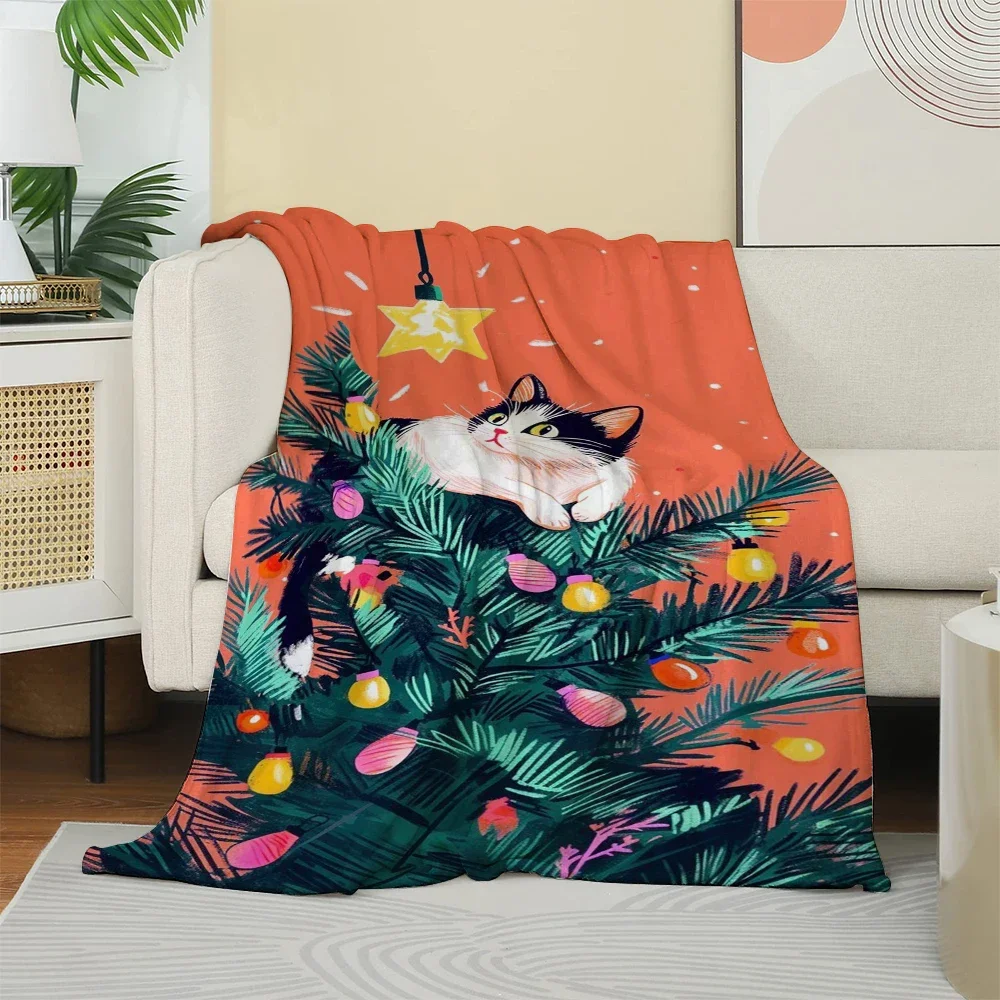 Cartoon cat Christmas tree pattern Flannel printed blanket suitable for all seasons suitable living room office sofa and travel