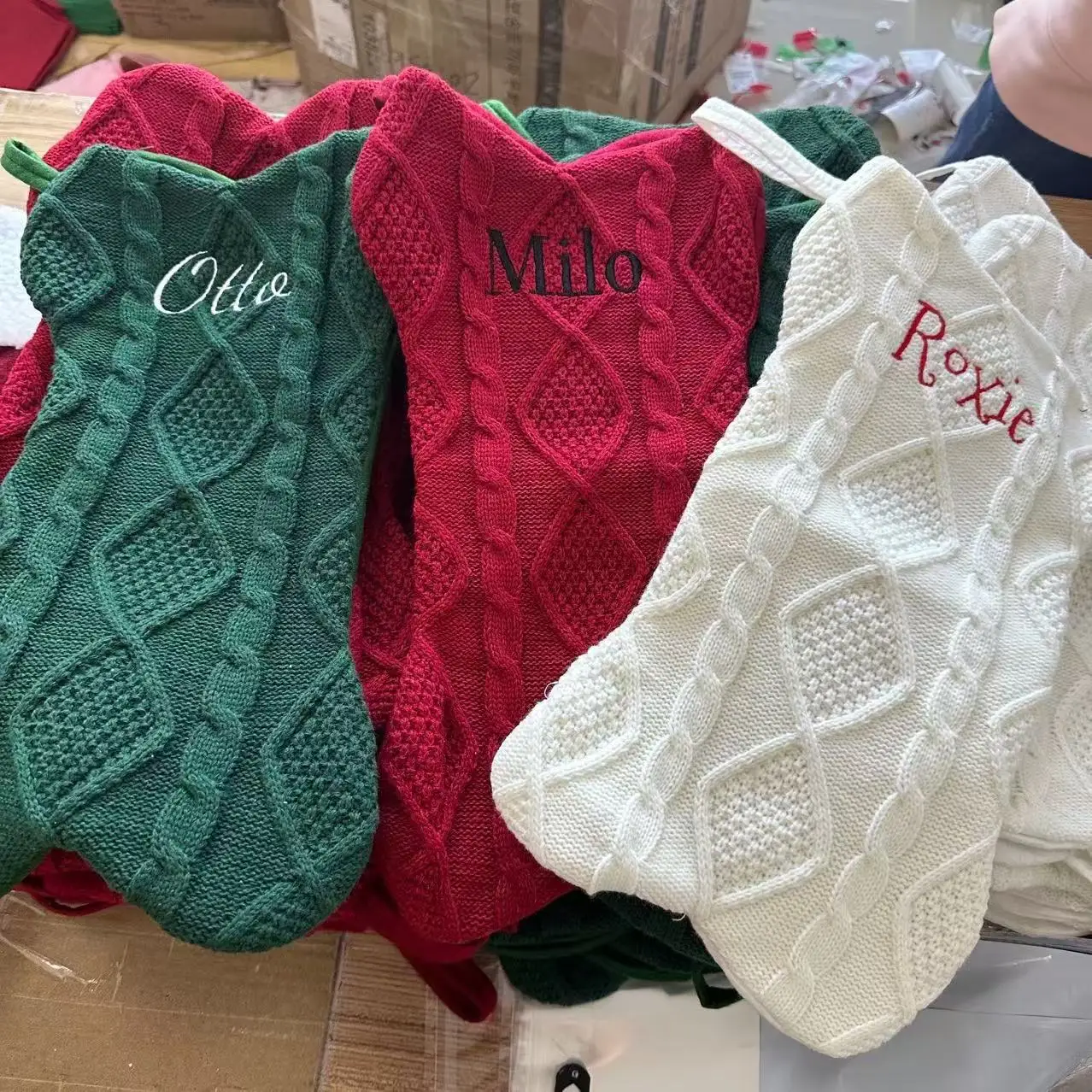 Personalized Knitted Family Stocking, Custom Name Dog Christmas Stocking, Embroidered Holiday Stocking, Xmas Decor Gifts