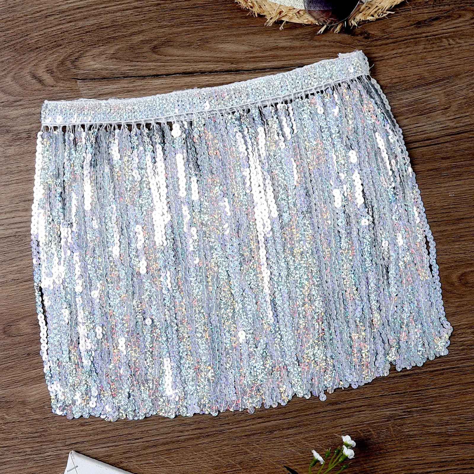 Female Sequined Fringe Cover Up Skirts Beach Bikini Shiny Cover Ups Half Length Skirt For Swimwear Solid Color Sexy Short Skirt