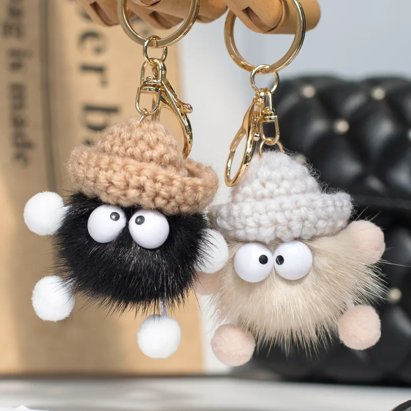 Cute Real Mink Fur Ball Pom Poms Natural Fox Pompom Monster With Knitted Beanies Keychain  Ring Handmade Pendant For Women R72