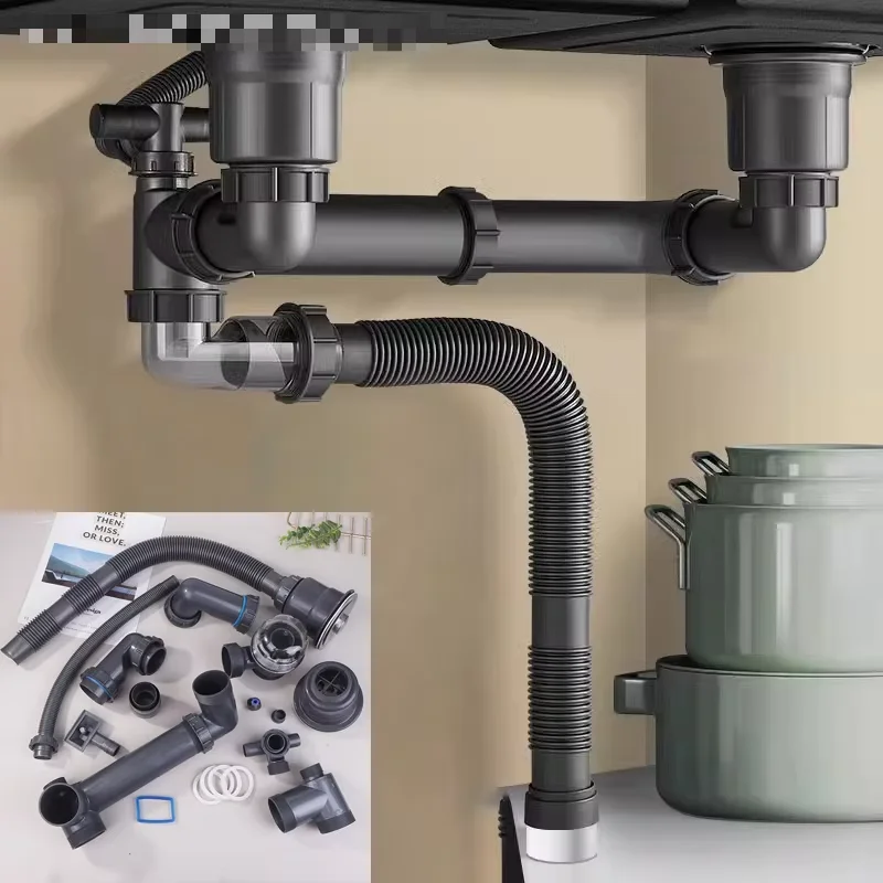 Sink Drain Pipe Single And Double Sink Anti-odour Drain Pipe Tee Sink Drain Kitchen Wash Basin Sink Bathroom Downpipe Fittings