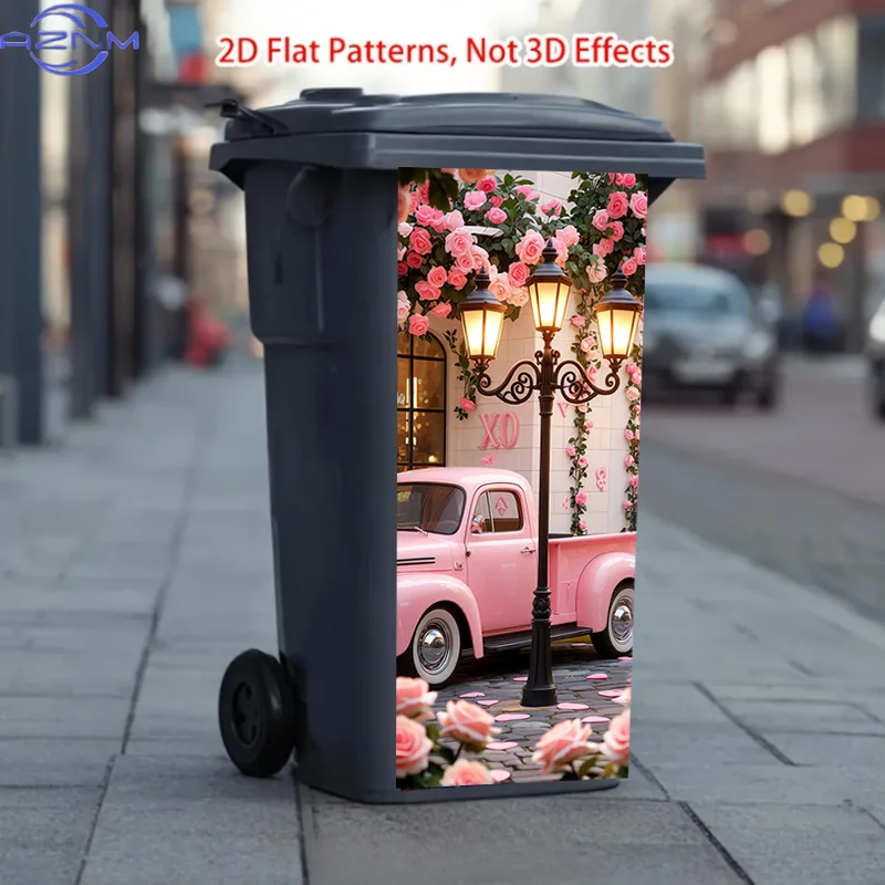 1 Sheet of Trash Can Sticker, Featuring Pink Car Flower Street Lamp Pattern Theme Design, This Matte Surface Sticker Is Suitab