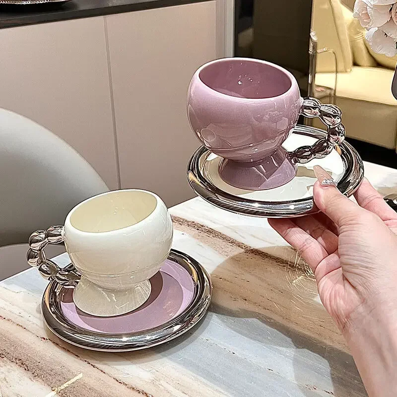 English Silver White Ceramic Coffee Cup Saucer Bead Point Handle Bow Cup Afternoon Tea Tableware Ceramic Latte Coffee Cup