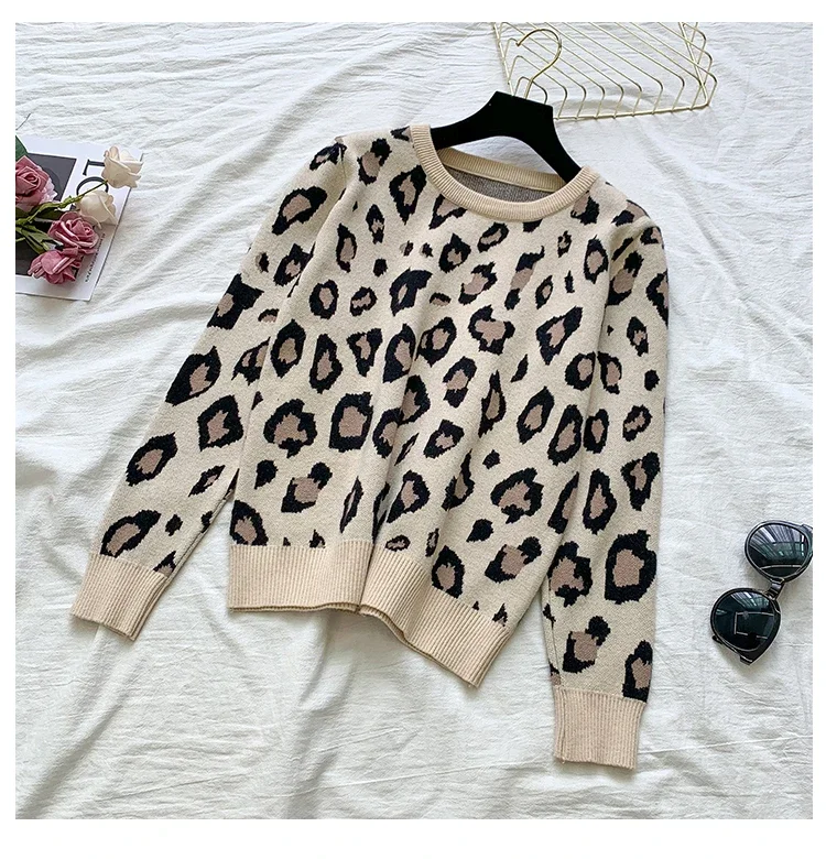 Women\'s Long Sleeve Knit Leopard Pullover Sweaters and Elastic Waist Pants Sets Fashion Trousers Two Pieces Costumes Outfi