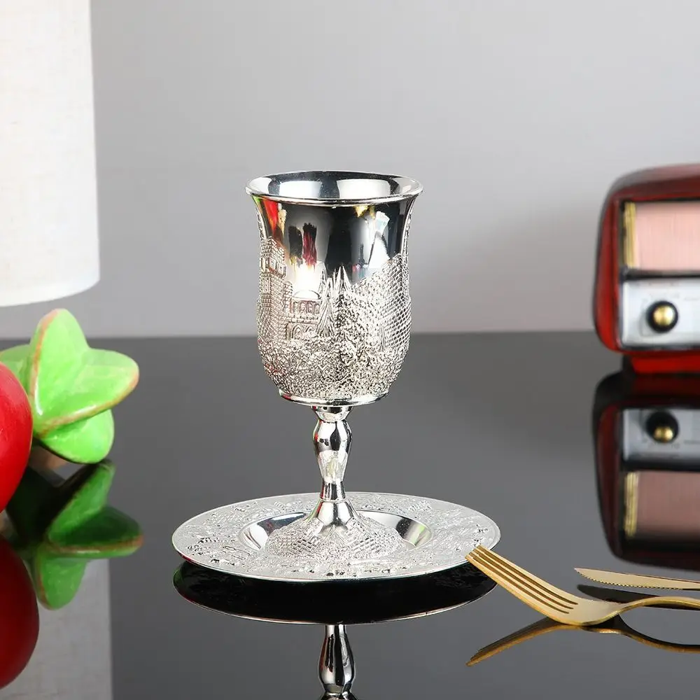 Practical Zinc Alloy Kiddush Cup Set with Tray Silver Ceremonial Cup Set European Style Elegant Wine Cup Set Festival