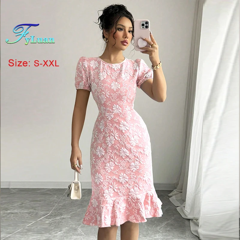 Novedad de verano, vestido de mujer con temperamento, Color sólido, cuello redondo, manga corta, vestido de cola de pez para mujer, vestido ajustado hasta la rodilla para ir al trabajo a la moda