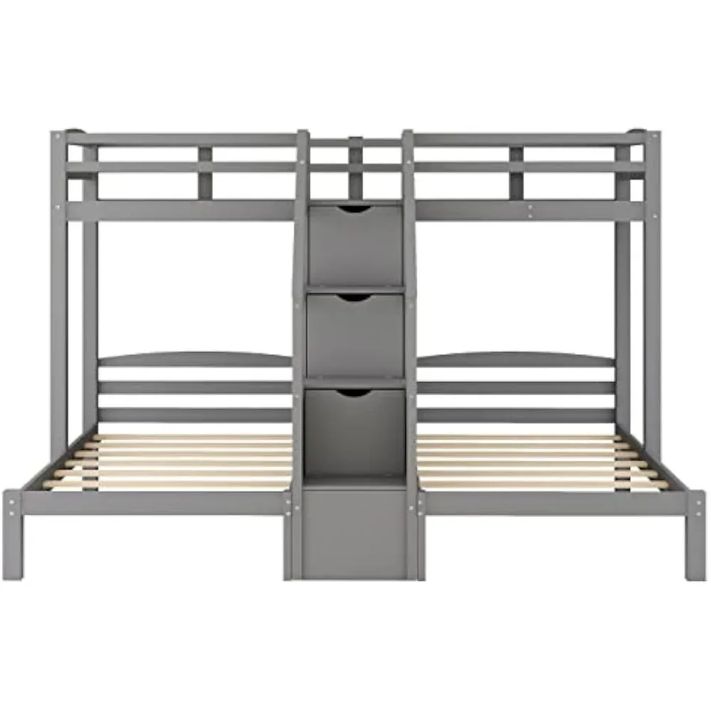 Twin Over Twin Bunk Bed for 3, Wood Triple Bunk Beds with Stairs, 3 Bunk Beds with Storage for 3 Kids,No Box Spring Needed(Gray)