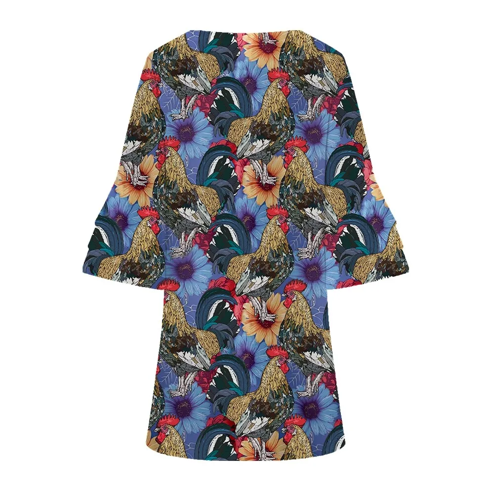 Jumeast الديك ثلاثية الأبعاد المطبوعة المرأة عادية متوهج كم فستان بفتحة عنق على شكل v خمر عباد الشمس أنيقة براهمان تنورة الملابس الاستوائية