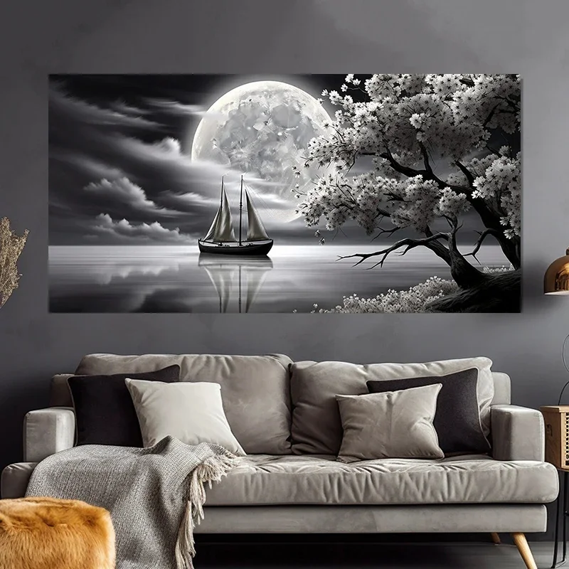 Abstract Tree Blossom with Full Moon Sailboat Night Poster and Prints Canvas Painting Wall Art Pictures Home Decor Cuadros