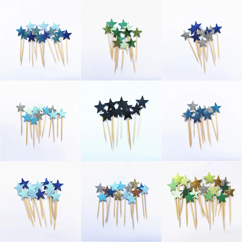 40pcs bule Glitter Star Cupcake Toppers bule Party Supplies Twinkle Little Star Party 1st Birthday Wedding New Years Eve Party