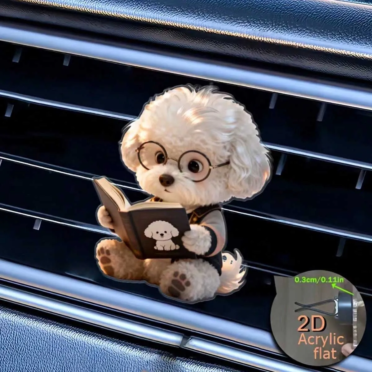 2D flat single piece: a Bichon Frise wearing black-rimmed glasses, keeping the fragrance in the car fresh, car accessories