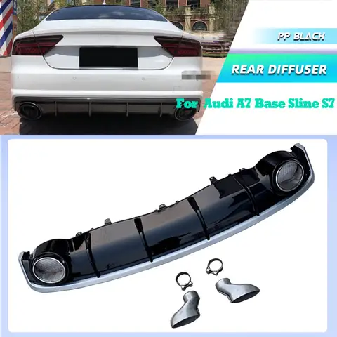 Carbon Look PP Black Car Rear Bumper Diffuser Lip Spoiler for Audi A7 Base Sline S7 2016-2018 Rear Apron Lip with Exhaust Tips