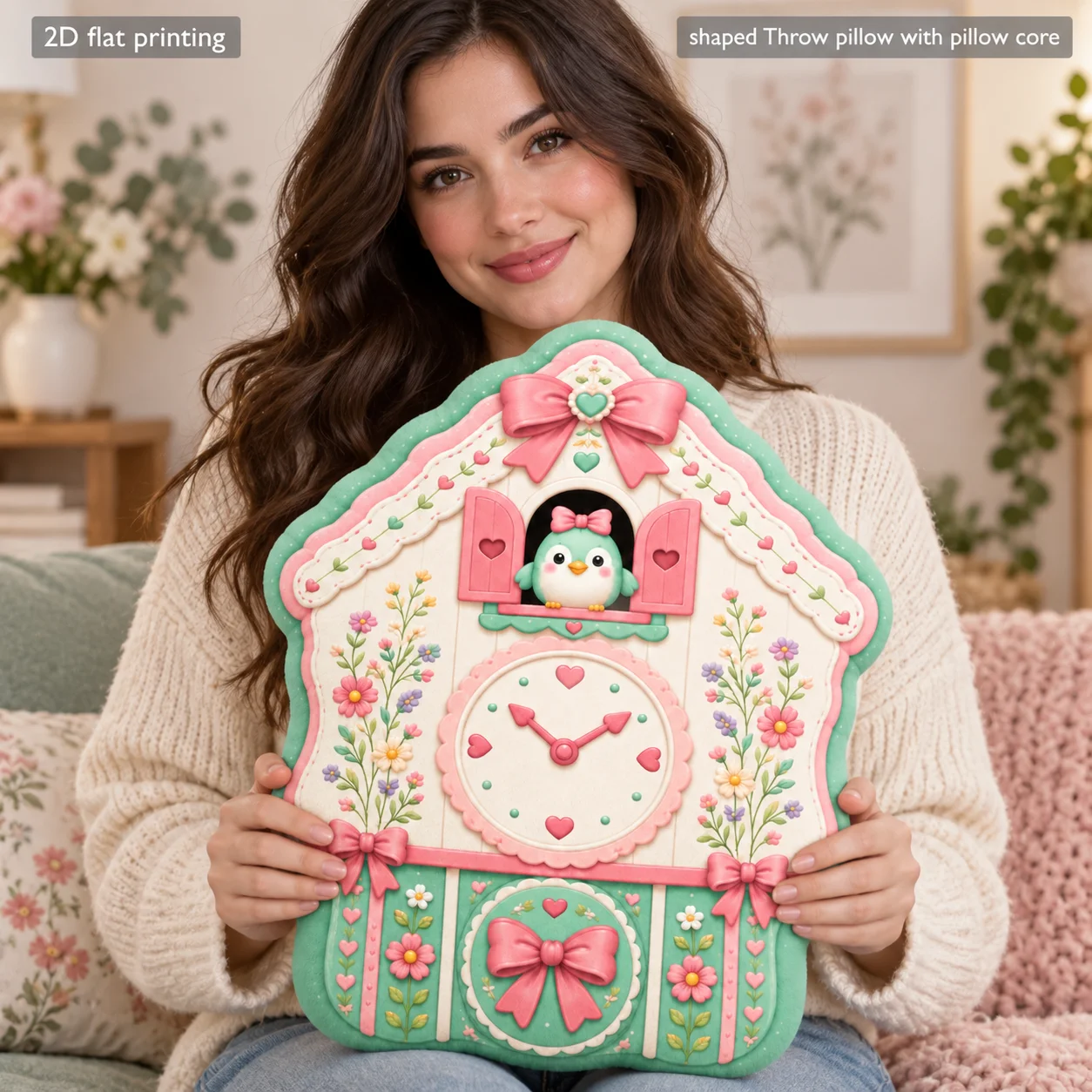 Pastel Birdhouse Clock Shaped Pillow with Pillow Core Soft Polyester 2D Printed Decorative Cushion for Sofa Bedroom Home Decor