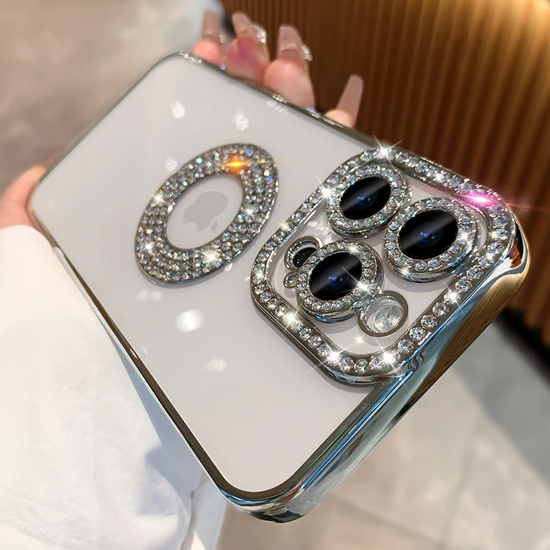 For iPhone 15 Pro Max Fashion Girl\'s Diamond Case For iPhone 11 12 13 14 Pro Max Plus Luxury Glitter Transparent TPU Soft Case