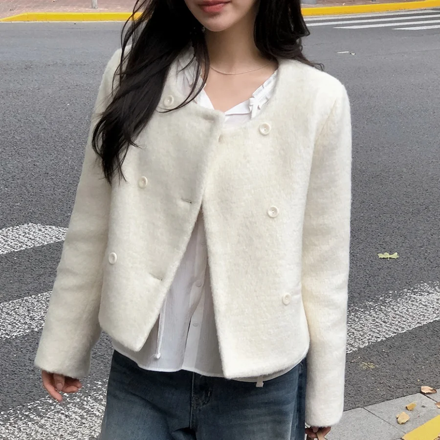 Chic décontracté laine Jaet femme Double boutonnage coton doublé ort haut Thiened Long Sve rond Ne couleur Pure trajet