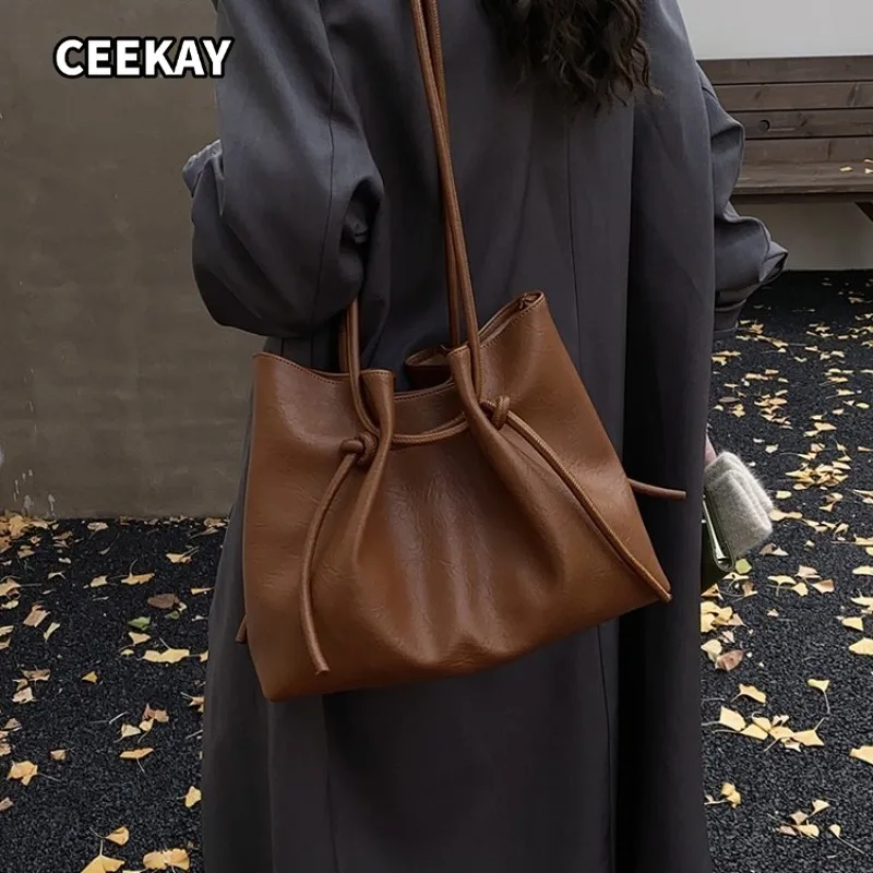 CEEKAY Women's Tote Bag Brown Soft Faux Leather Large Capacity Shoulder Handbag Drawstring Detail Daily Commute Fashion
