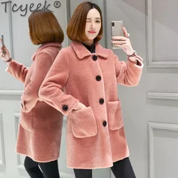 Tcyeek 100% Wool Jacket Fashion Sheep Shearling Coat Winter Jackets for Women 2024 Single Breasted Mid-length Women's Fur Coat